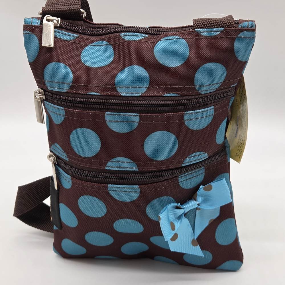 Adorable J Garden Blue And Brown Polka Dot Crossbody Shoulder Bag With Bow
